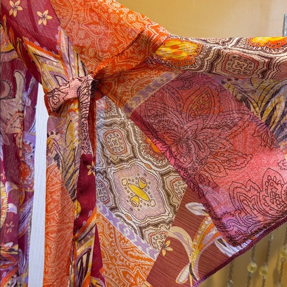 GEORGE BRAND  BRIGHT COLORS KIMONO PINKS/ORANGE/PURPLE BELL SLEEVES WITH TIES - Picture 14 of 14